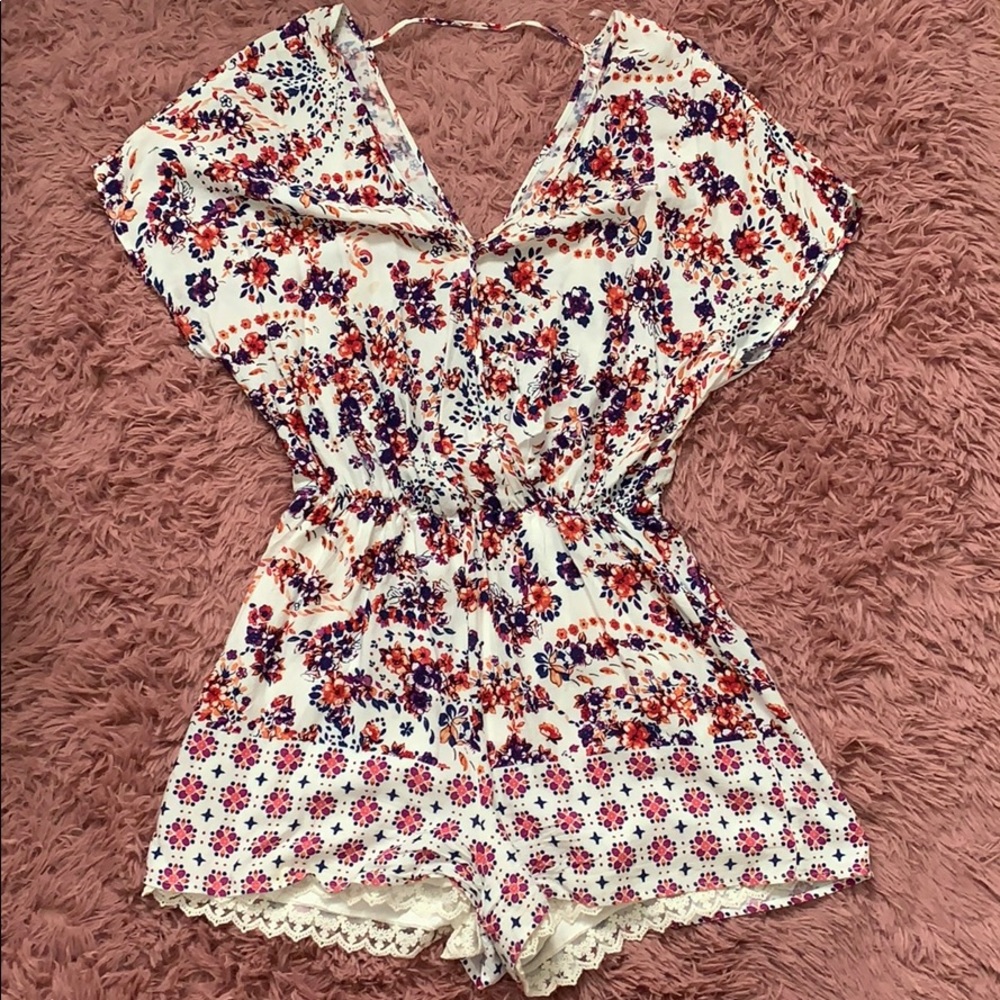 Multi Colored Lace Trim Adjustable V Neck Romper